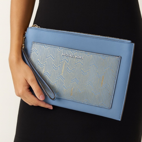 Michael Kors blue Leather & Monogram Accent Clutch - Picture 1 of 6